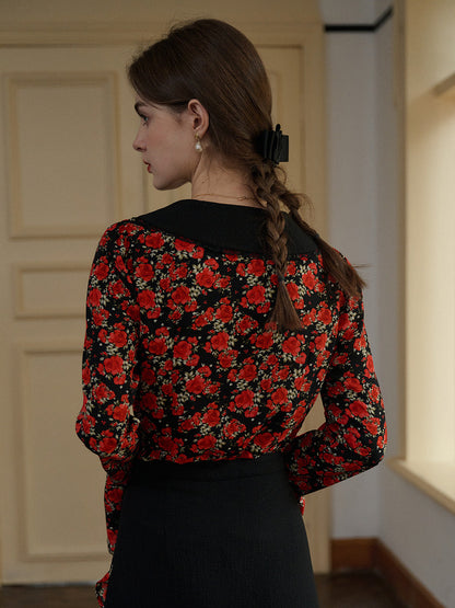 【Final Sale】Kamiyah Elegant Notched Lapel Contrasting Floral Blouse