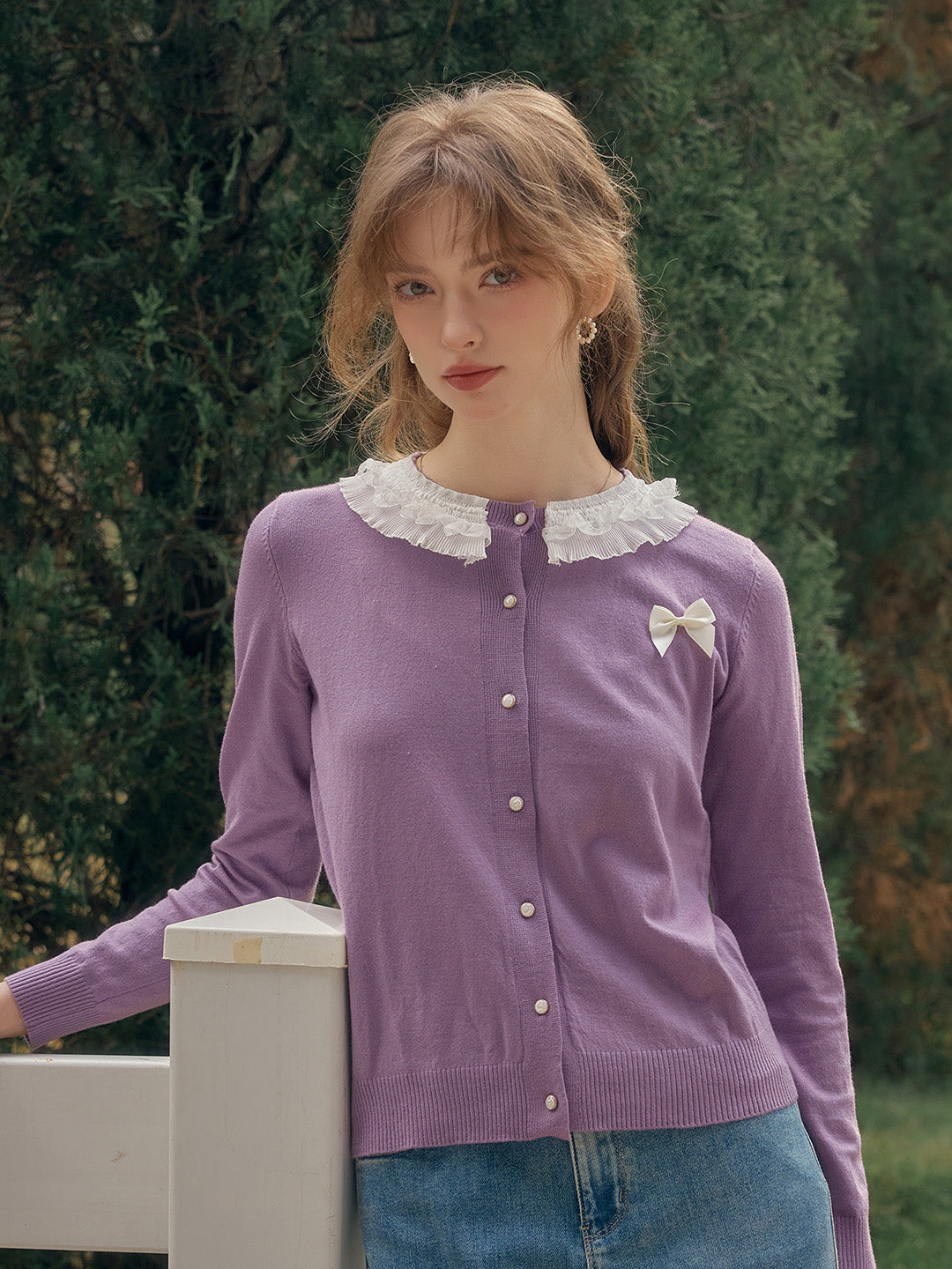【Final Sale】Ruby Lace Lapel Contrasting Bow Cardigan - Purple
