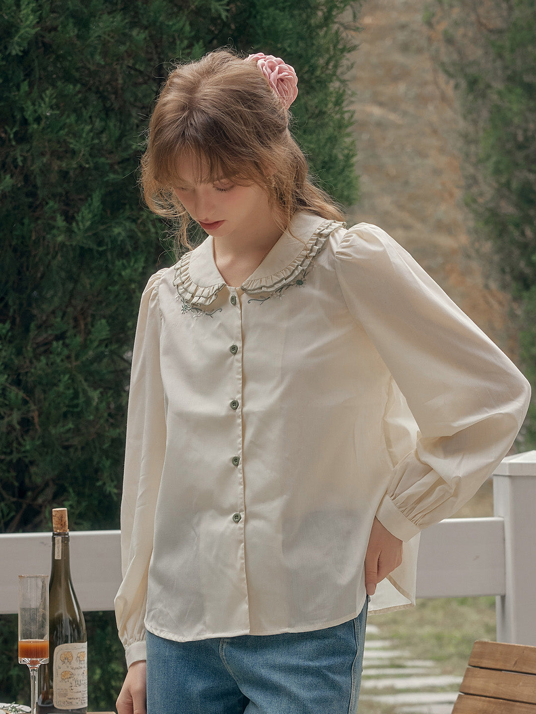 【Final Sale】Maren Peter Pan Collar Floral Embroidery Blouse - Apricot