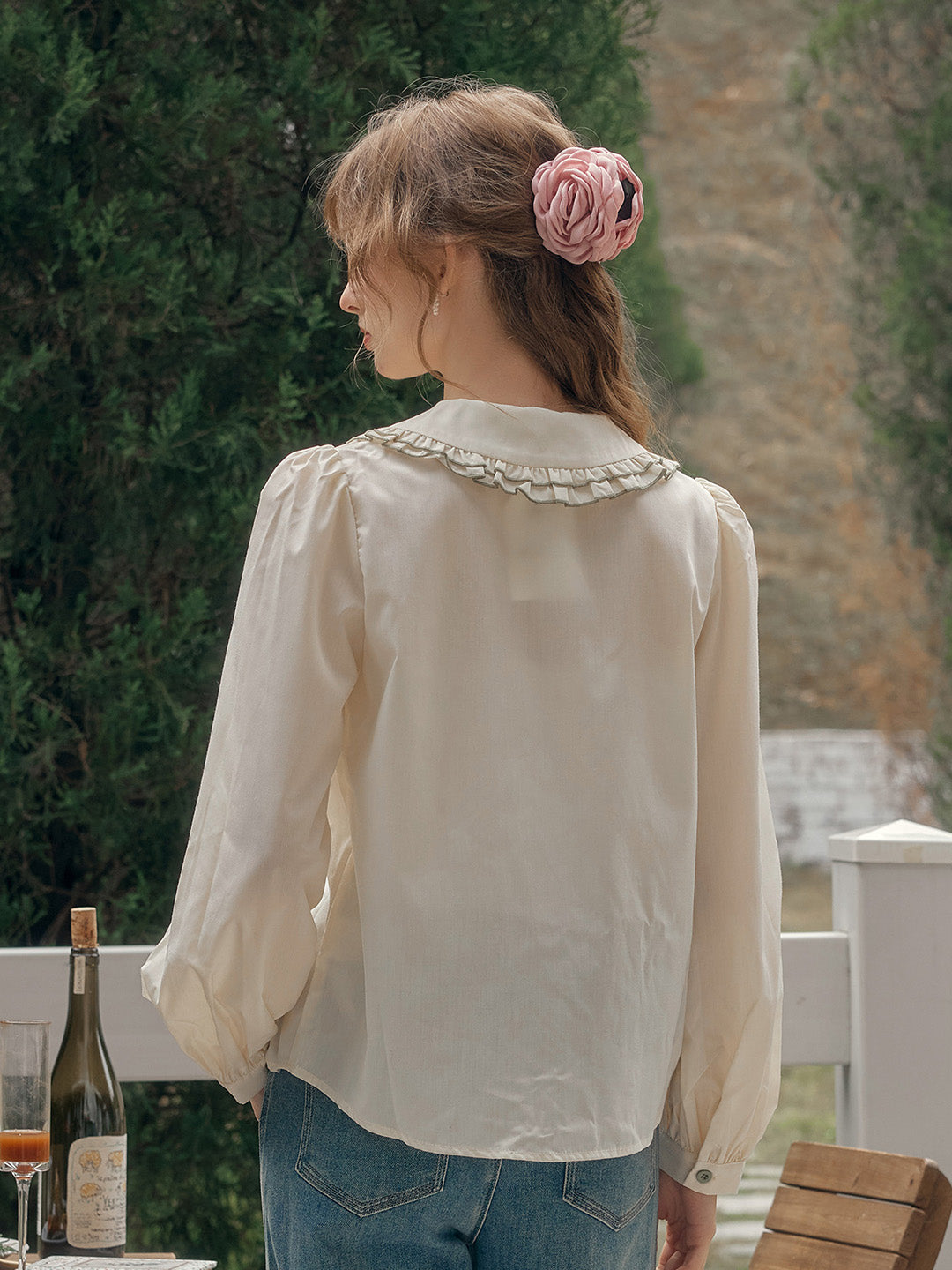 【Final Sale】Maren Peter Pan Collar Floral Embroidery Blouse - Apricot
