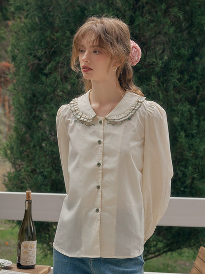 【Final Sale】Maren Peter Pan Collar Floral Embroidery Blouse - Apricot