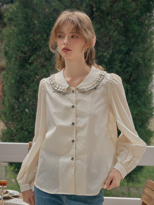 【Final Sale】Maren Peter Pan Collar Floral Embroidery Blouse - Apricot