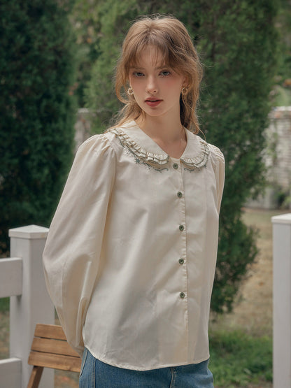 【Final Sale】Maren Peter Pan Collar Floral Embroidery Blouse - Apricot