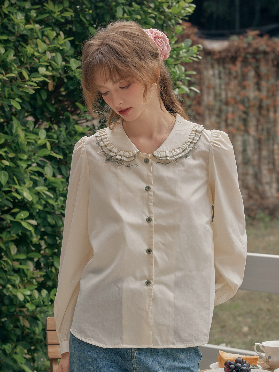 【Final Sale】Maren Peter Pan Collar Floral Embroidery Blouse - Apricot