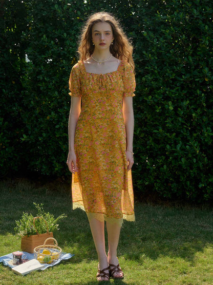 Joanna 方領休閒度假風印花洋裝