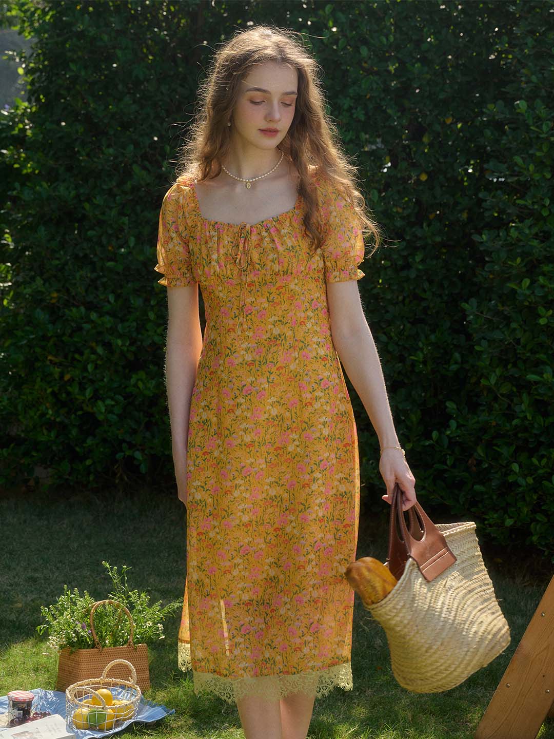 Joanna 方領休閒度假風印花洋裝