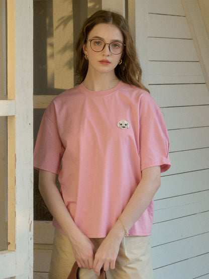 【Final Sale】Journey Puppy Applique Round Neck Short Sleeve Casual T-Shirt - White