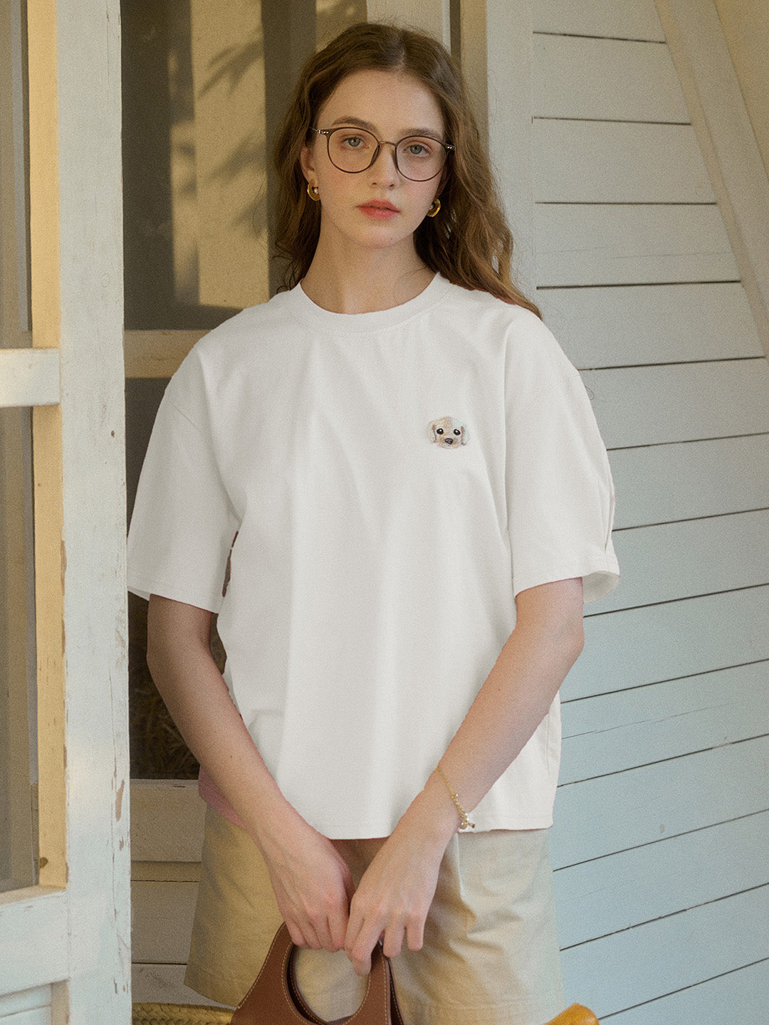 【Final Sale】Journey Puppy Applique Round Neck Short Sleeve Casual T-Shirt - White