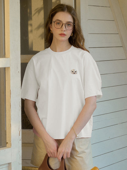 【Final Sale】Journey Puppy Applique Round Neck Short Sleeve Casual T-Shirt - White