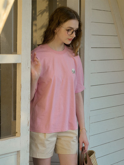 【Final Sale】Journey Puppy Applique Round Neck Short Sleeve Casual T-Shirt - White