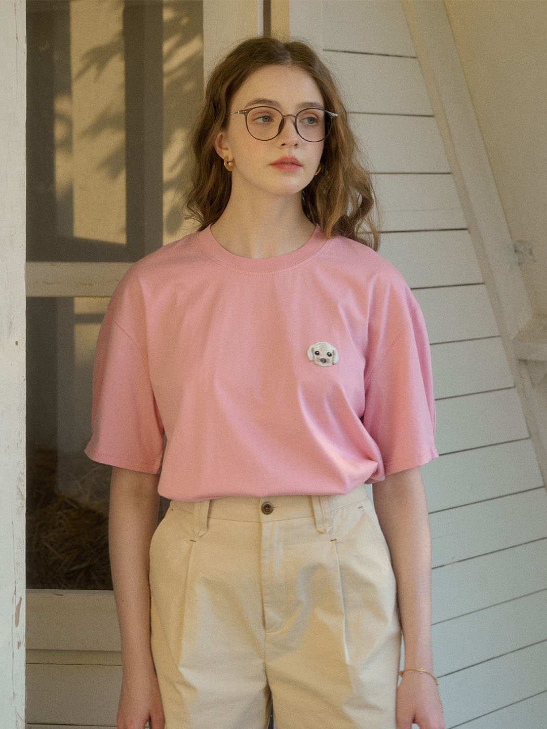 【Final Sale】Journey Puppy Applique Round Neck Short Sleeve Casual T-Shirt - White