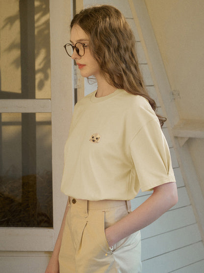 【Final Sale】Journey Puppy Applique Round Neck Short Sleeve Casual T-Shirt - White
