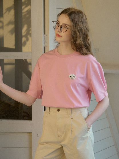 【Final Sale】Journey Puppy Applique Round Neck Short Sleeve Casual T-Shirt - White