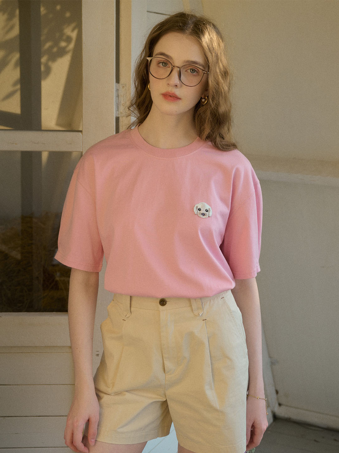 【Final Sale】Journey Puppy Applique Round Neck Short Sleeve Casual T-Shirt - White