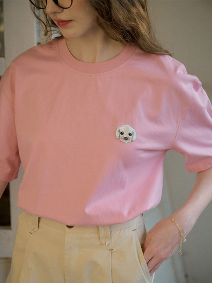 【Final Sale】Journey Puppy Applique Round Neck Short Sleeve Casual T-Shirt - White