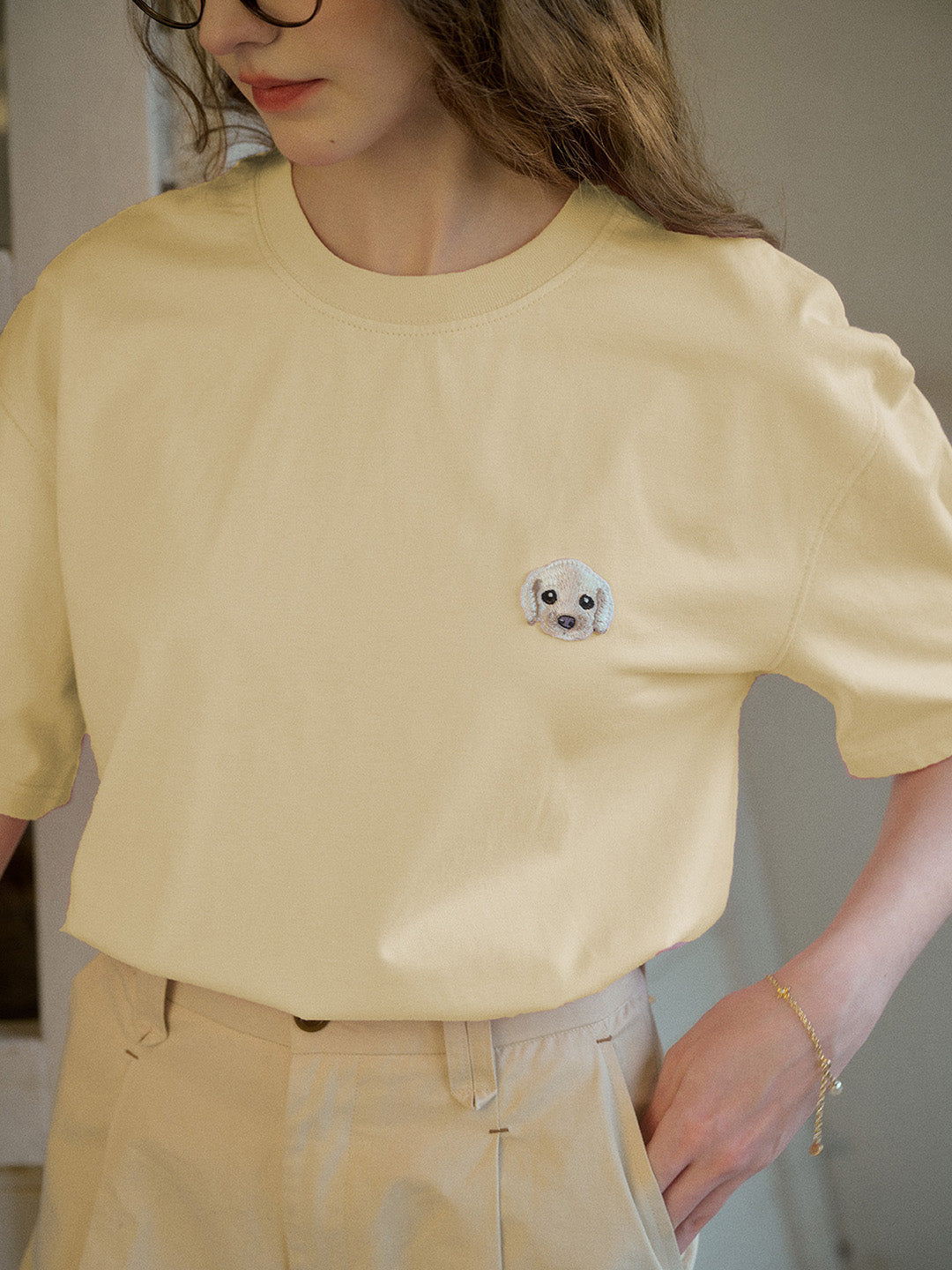 【Final Sale】Journey Puppy Applique Round Neck Short Sleeve Casual T-Shirt - White