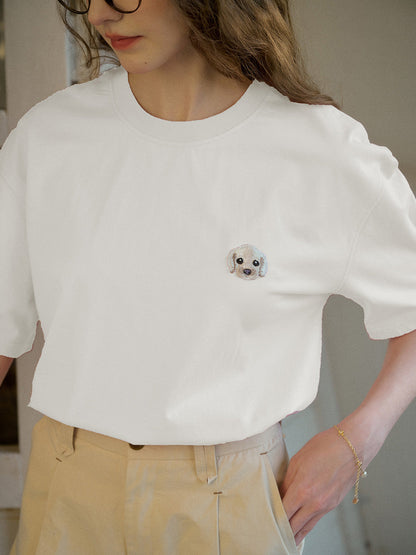 【Final Sale】Journey Puppy Applique Round Neck Short Sleeve Casual T-Shirt - White