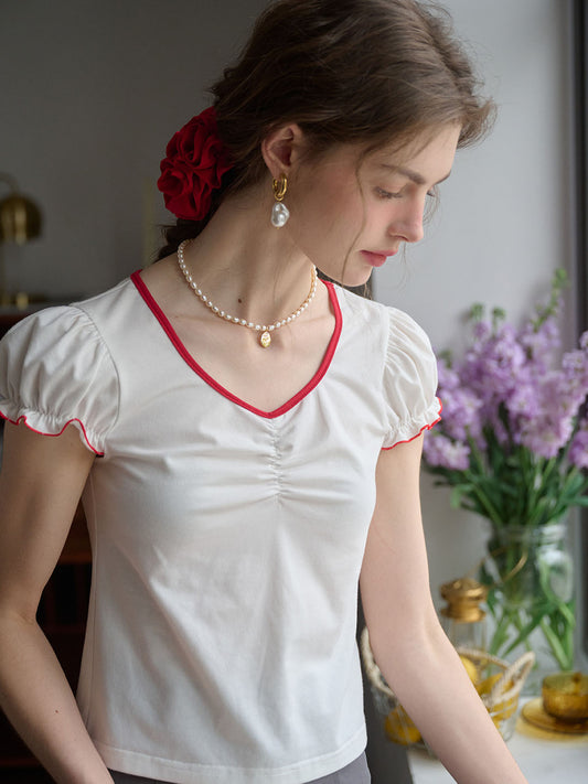 【Final Sale】Julieta Contrast Color Round Neck Puff Sleeve T-shirt