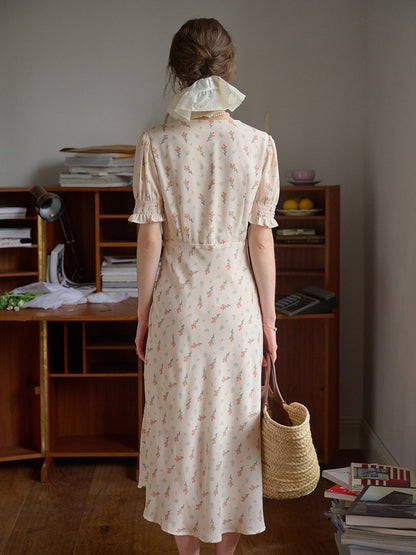 【Final Sale】Stormi Charming V-neck Lace Trimmed Floral Print Dress - Light Green