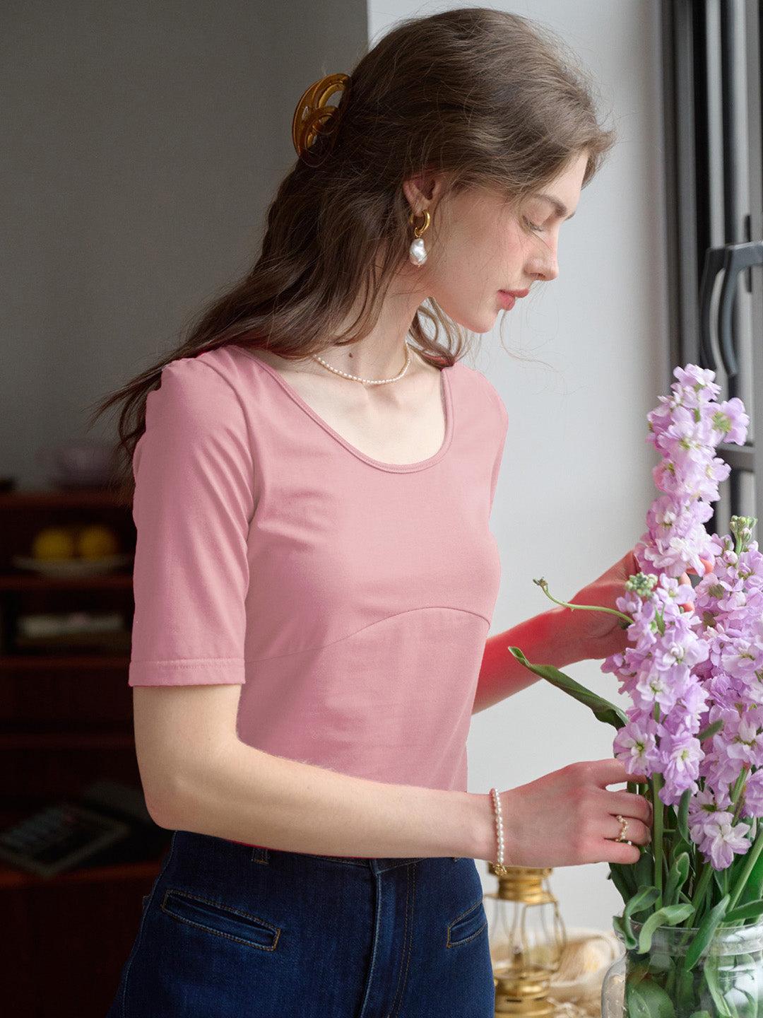 【Final Sale】Indigo Round Neck Knit Top - Pink
