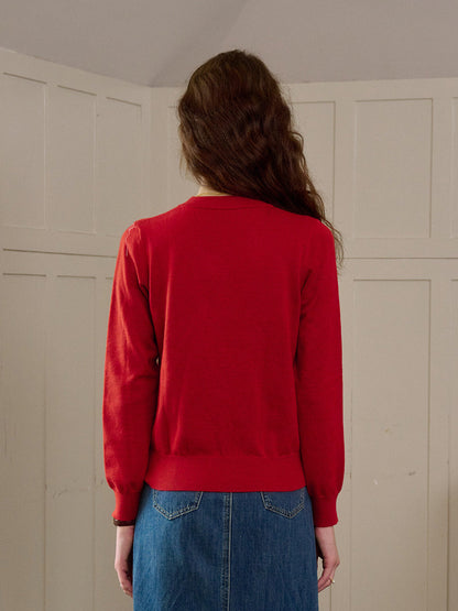 【Final Sale】Cadence Ribbed Round Neck Contrasting Embroidery Sweater