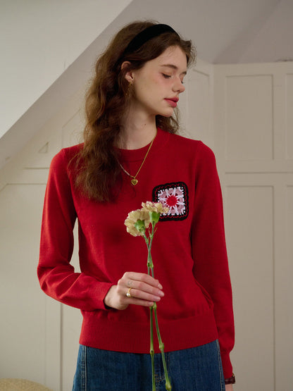 【Final Sale】Cadence Ribbed Round Neck Contrasting Embroidery Sweater
