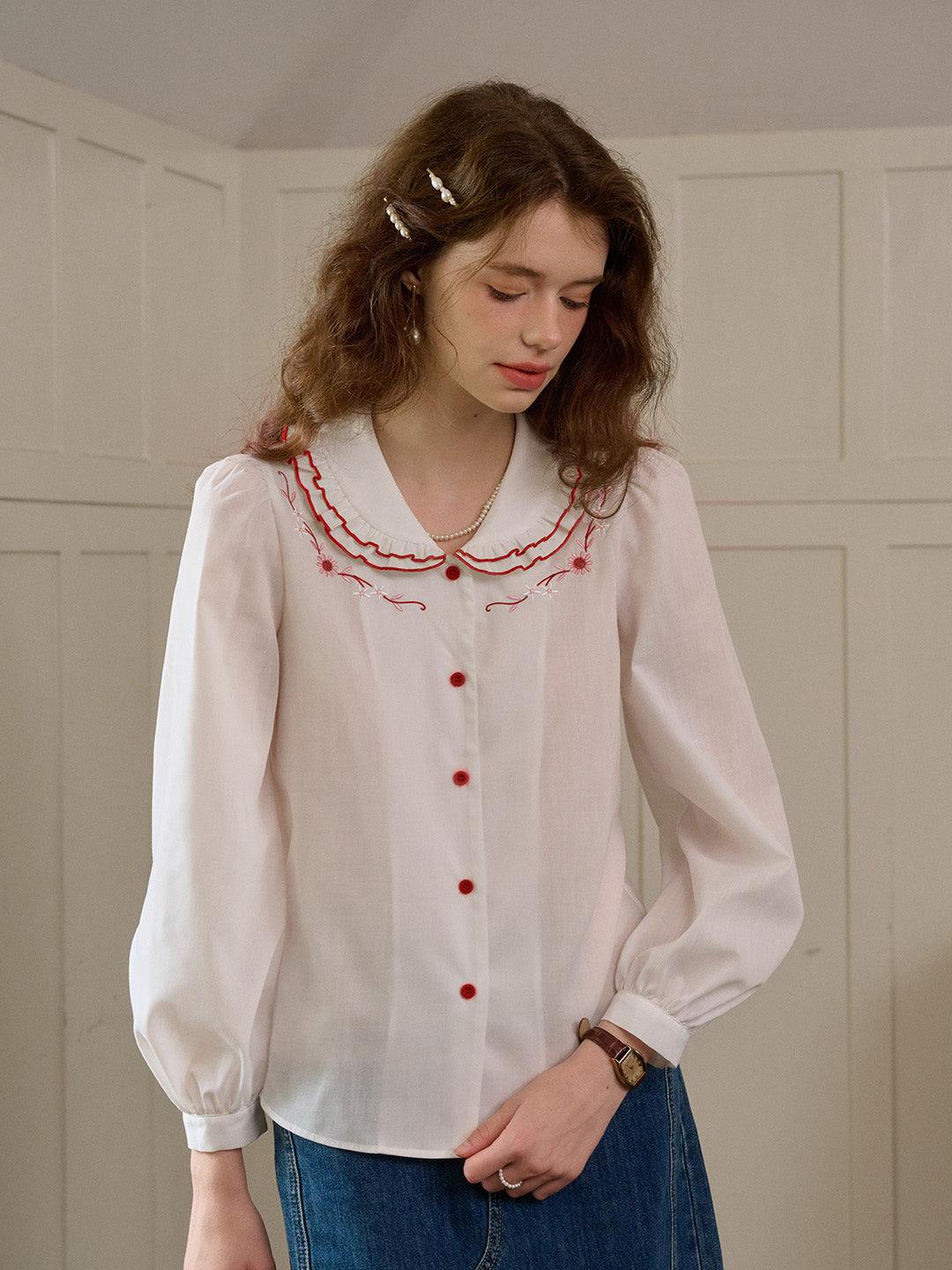 【Final Sale】Maren Peter Pan Collar Floral Embroidery Blouse - Apricot