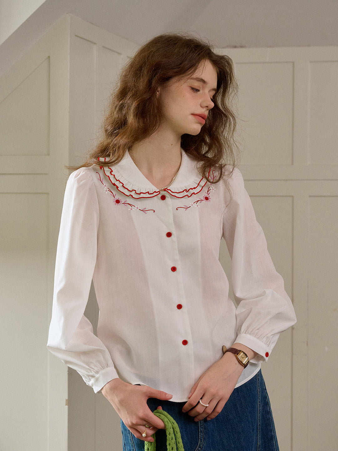 【Final Sale】Maren Peter Pan Collar Floral Embroidery Blouse - Apricot