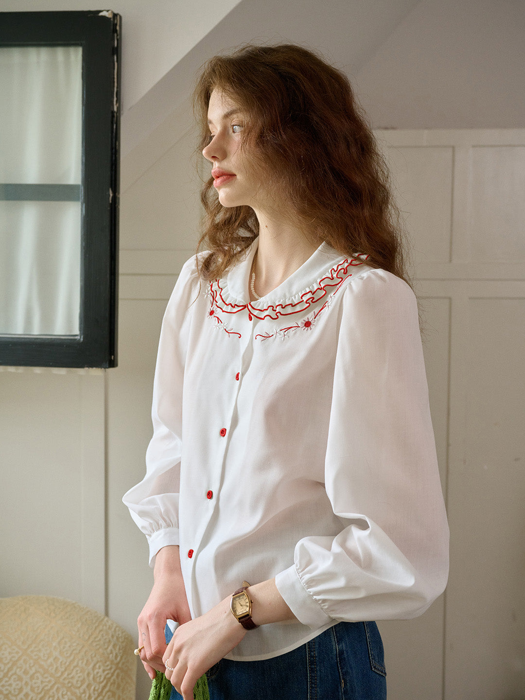 【Final Sale】Maren Peter Pan Collar Floral Embroidery Blouse - Apricot