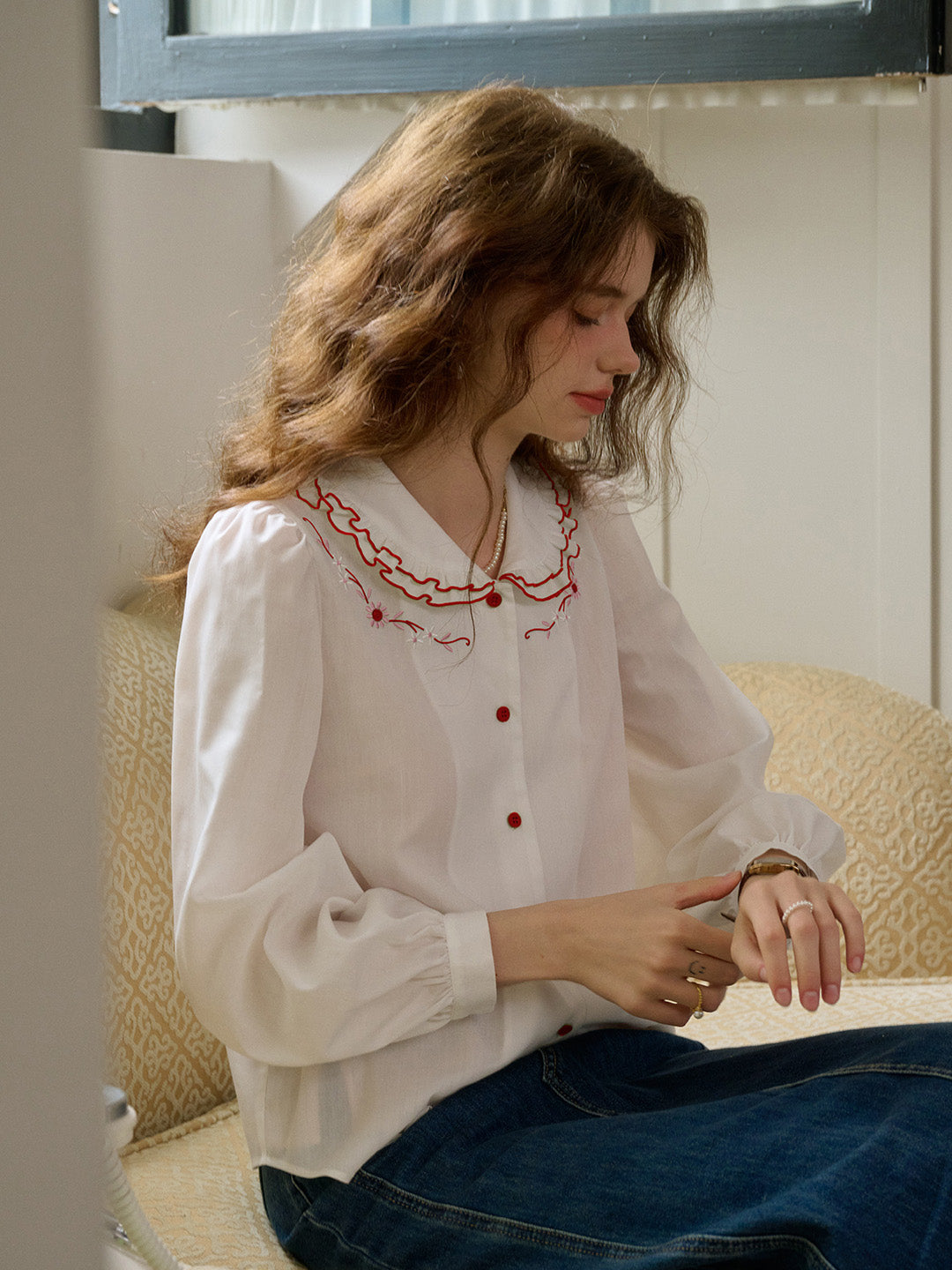 【Final Sale】Maren Peter Pan Collar Floral Embroidery Blouse - Apricot
