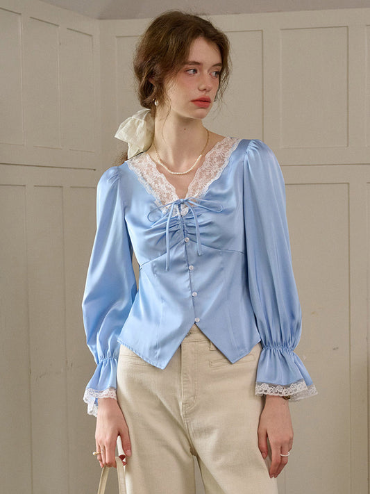 【Final Sale】Shailene Retro V-Neck Lace Blouse