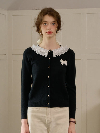 【Final Sale】Ruby Lace Lapel Contrasting Bow Cardigan - Purple