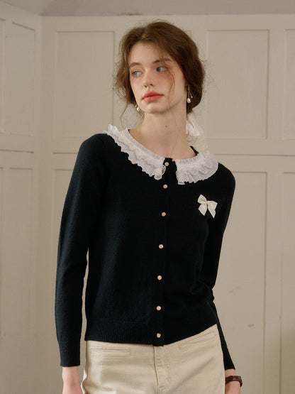 【Final Sale】Ruby Lace Lapel Contrasting Bow Cardigan - Purple