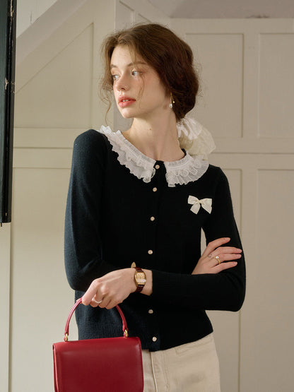 【Final Sale】Ruby Lace Lapel Contrasting Bow Cardigan - Purple