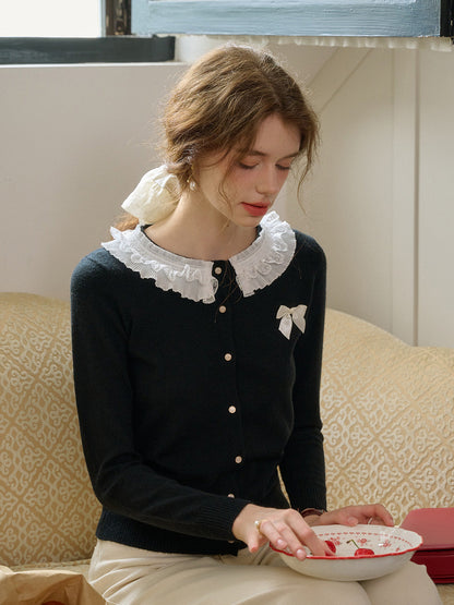 【Final Sale】Ruby Lace Lapel Contrasting Bow Cardigan - Purple
