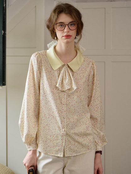 【Final Sale】Alexis Long Sleeve Patchwork Peter Pan Collar Embroidery Casual Blouse - Blue