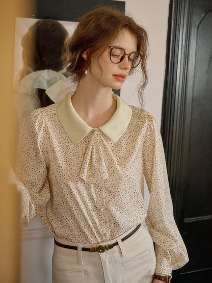 【Final Sale】Alexis Long Sleeve Patchwork Peter Pan Collar Embroidery Casual Blouse - Blue