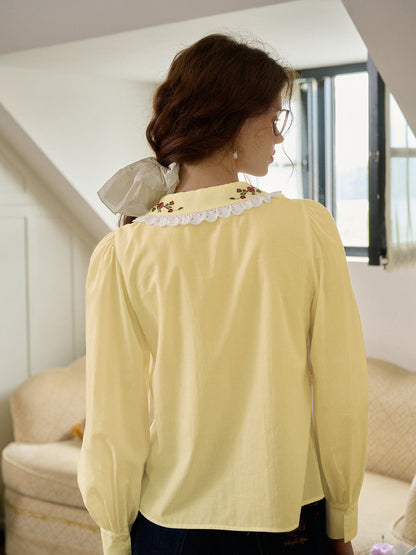 【Final Sale】Priyanka Lace Collar Floral  Long sleeve Cotton Bouse