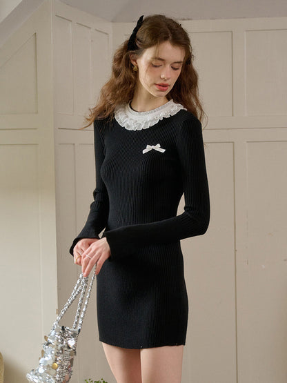【Final Sale】Jill Lace Collar Contrasting Knit Dress