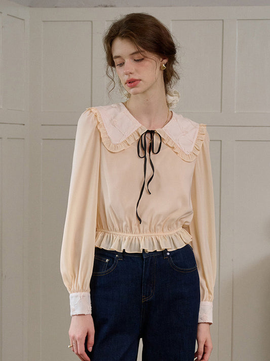 【Final Sale】Jolie Doll Collar Contrasting Lace-up Pleated Blouse