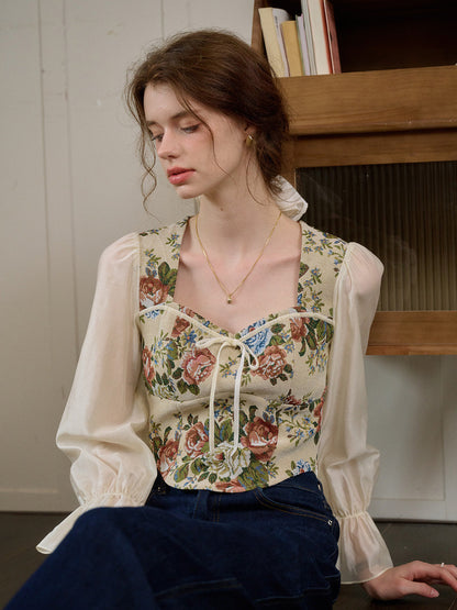 【Final Sale】Hana French Square Neck Bow Bell Sleeve Floral Patchwork Eedwardian Style Top