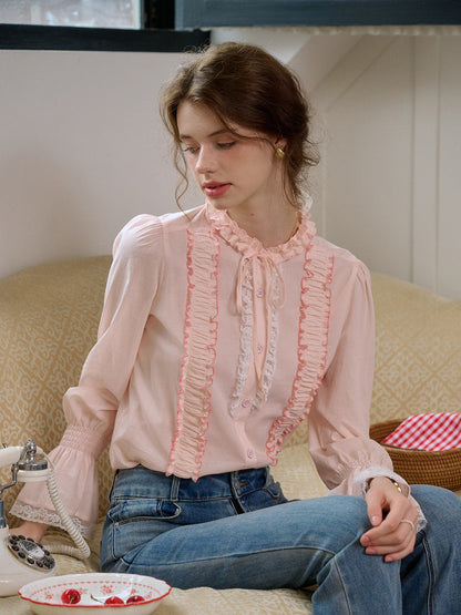 【Final Sale】Ramona Mock Neck Ruched Bow Contrast Lace Cotton Blouse