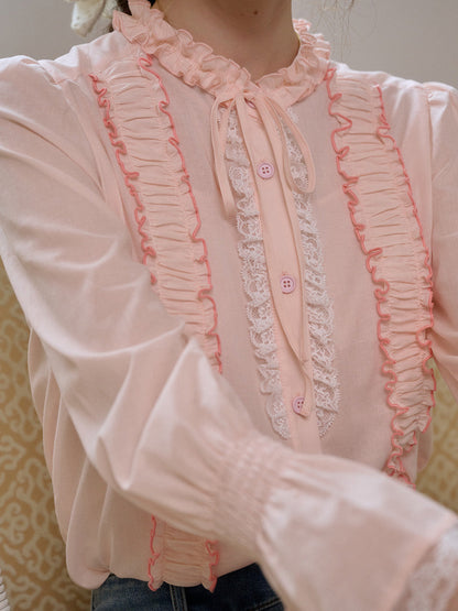 【Final Sale】Ramona Mock Neck Ruched Bow Contrast Lace Cotton Blouse