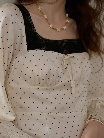 【Final Sale】Mazie Square Collar Polka Dots Contrasting Lace-up Dress