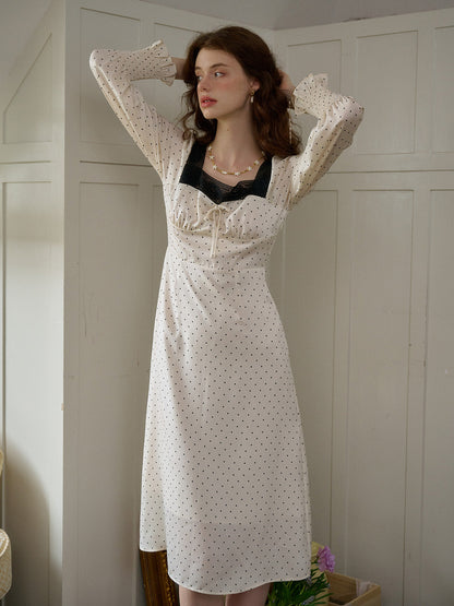 【Final Sale】Mazie Square Collar Polka Dots Contrasting Lace-up Dress