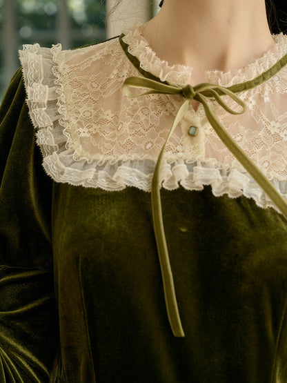 【Final Sale】Abigail Lace Collar Patchwork Knee Length Velvet Dress