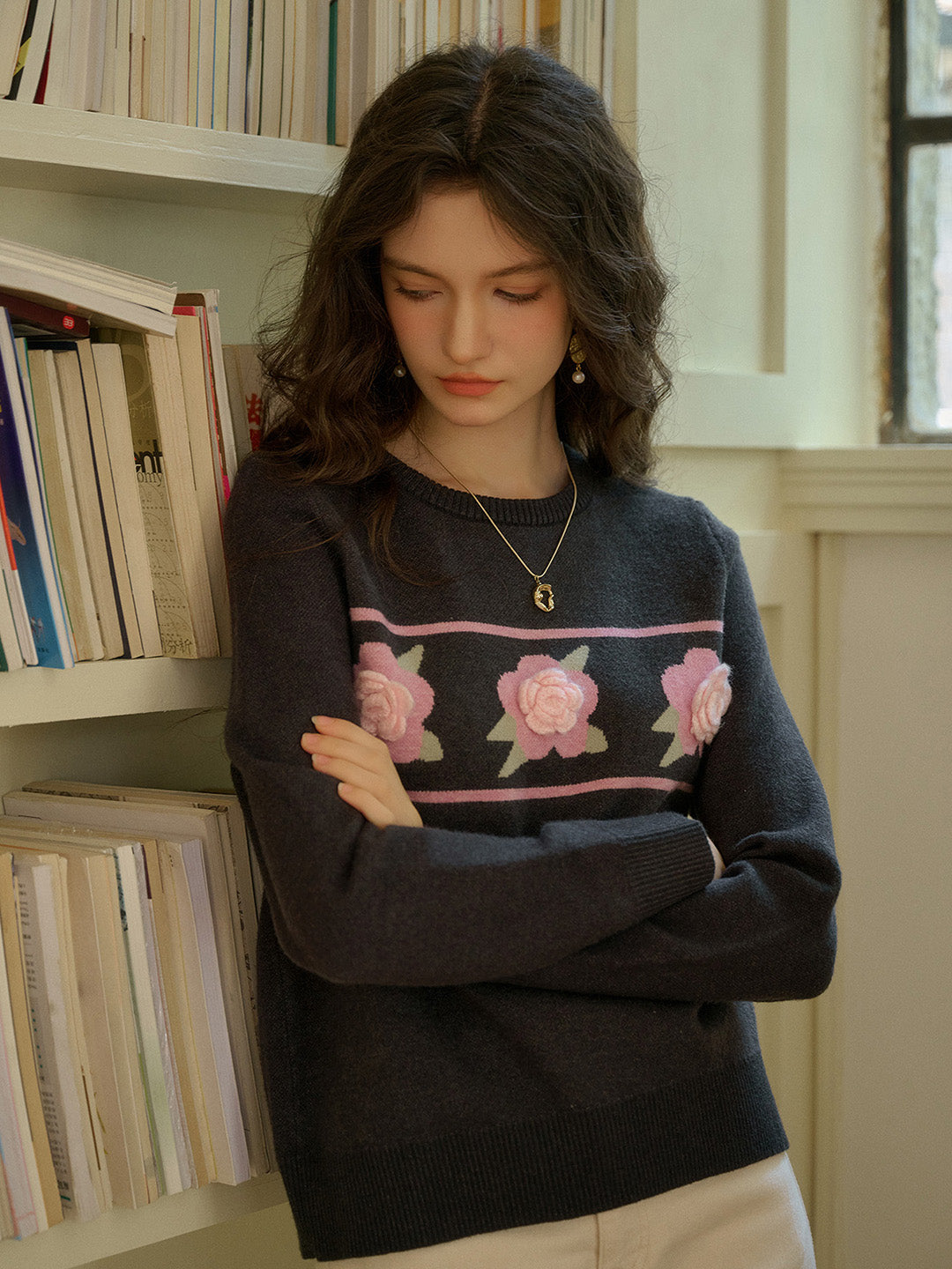 Aria 圓領花卉針織毛衣