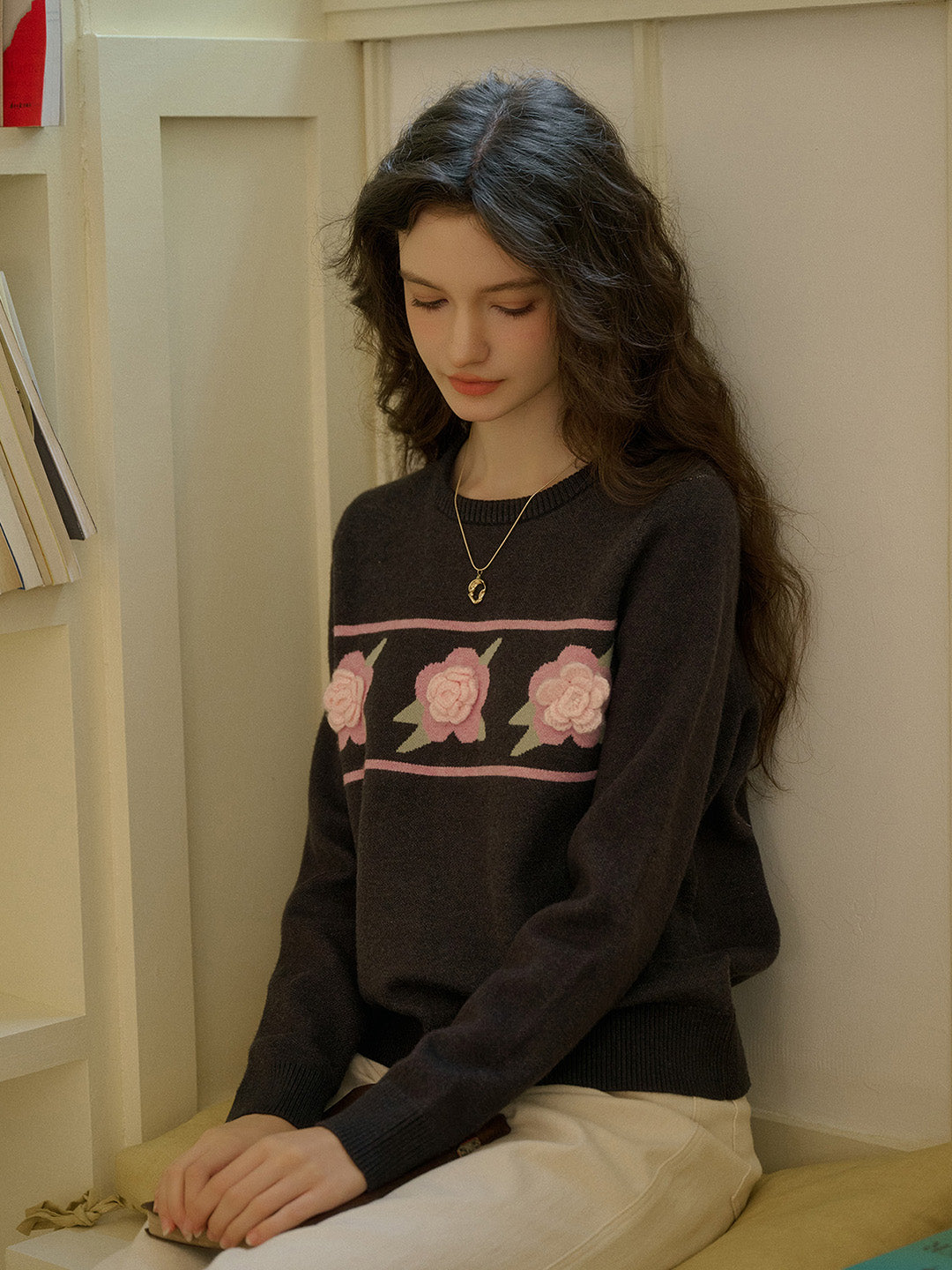 Aria 圓領花卉針織毛衣