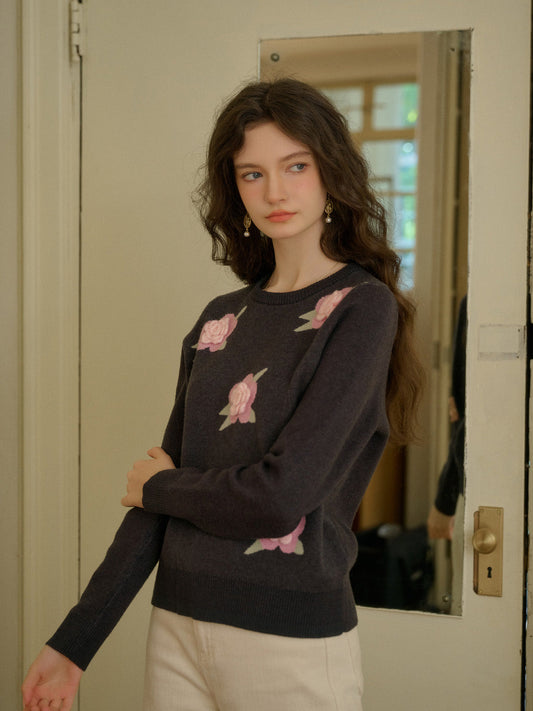 【Final Sale】Sarahi Embroidery Round Neck Hollow 3D Flower Knitted Wool Sweater