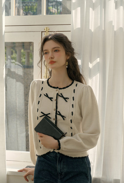 【Final Sale】Miranda Round Neck Contrast Bow cardigan